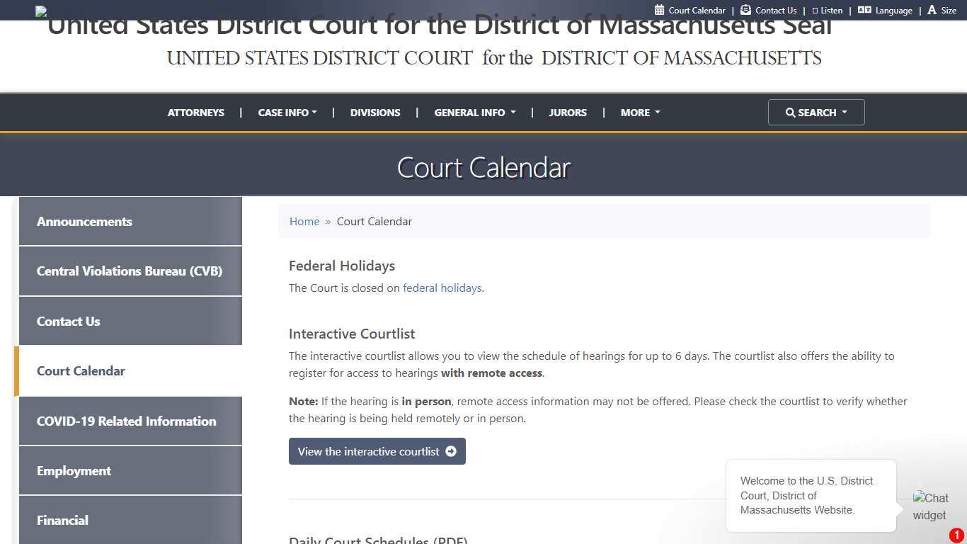 Court Calendar | United States District Court for the District of Massachusetts