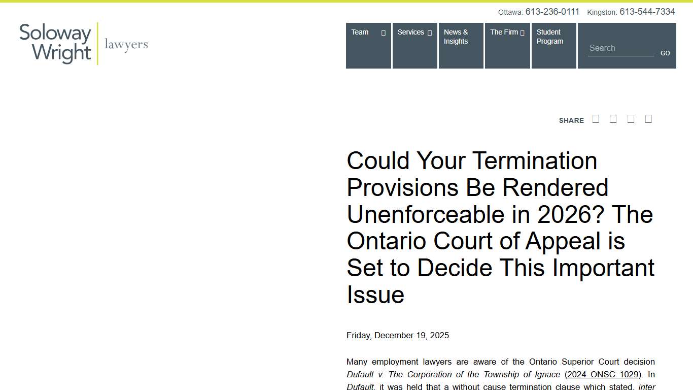 Could Your Termination Provisions Be Rendered Unenforceable in 2026? The Ontario Court of Appeal is Set to Decide This Important Issue - Soloway Wright LLP