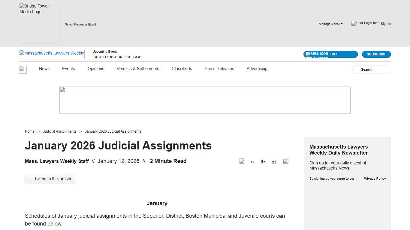 January 2026 Judicial Assignments | Massachusetts Lawyers Weekly